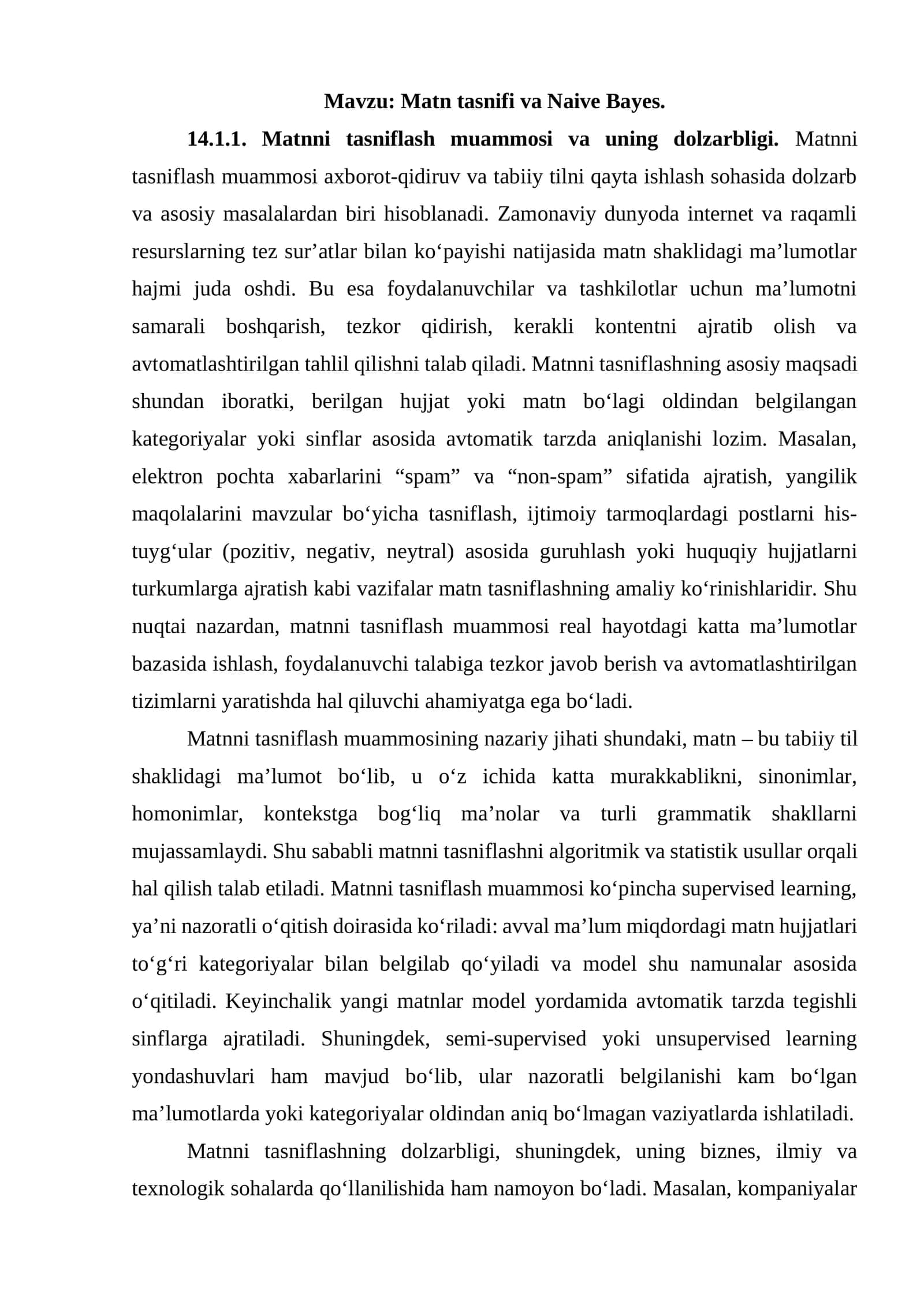 Matn tasnifi va Naive Bayes