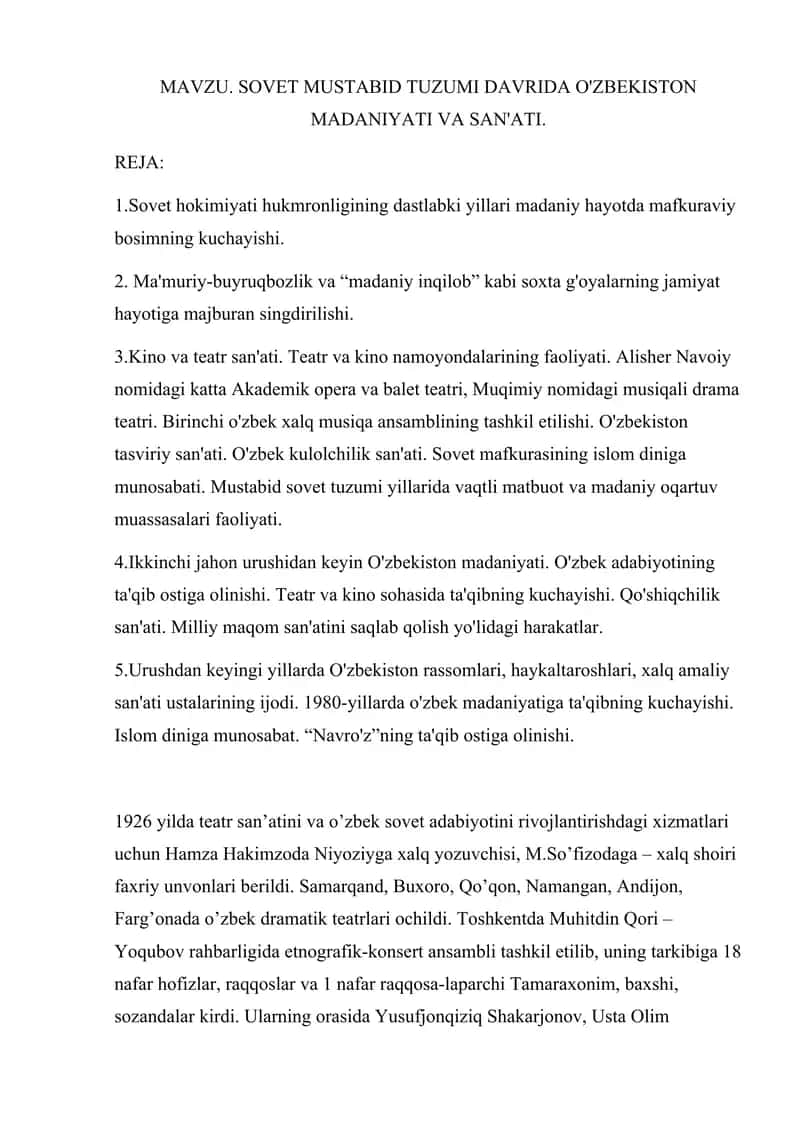 SOVET MUSTABID TUZUMI DAVRIDA O'ZBEKISTON MADANIYATI VA SAN'ATI.