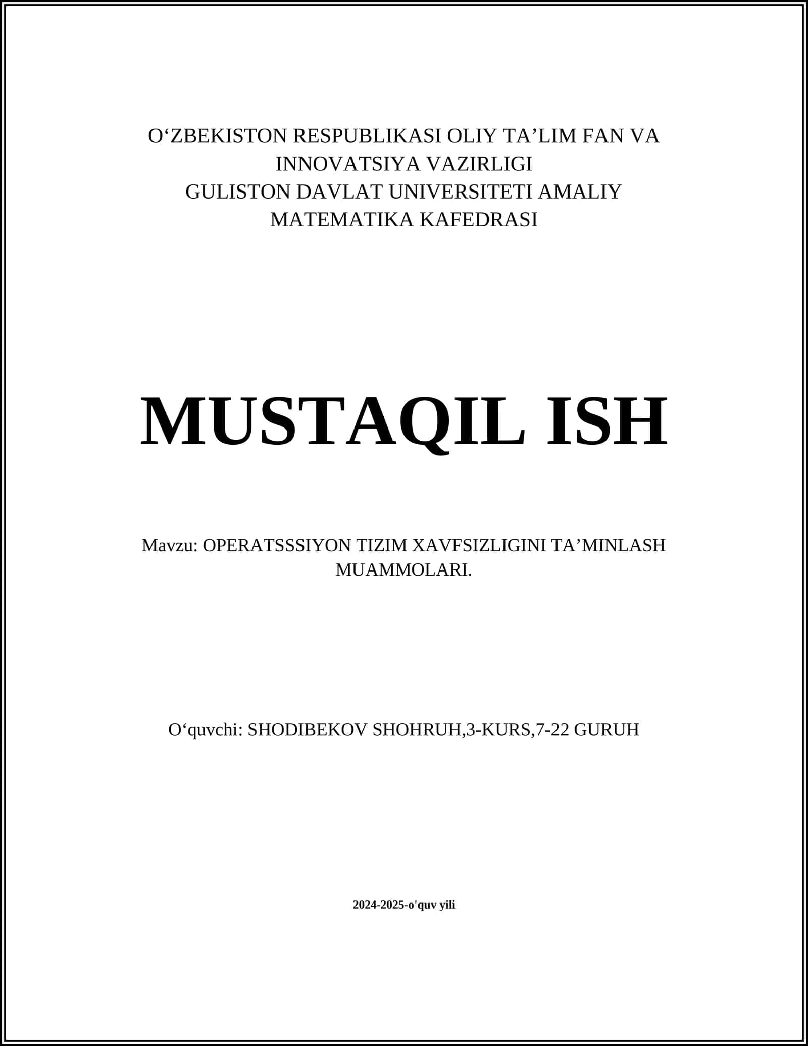 OPERATSSSIYON TIZIM XAVFSIZLIGINI TA’MINLASH MUAMMOLARI