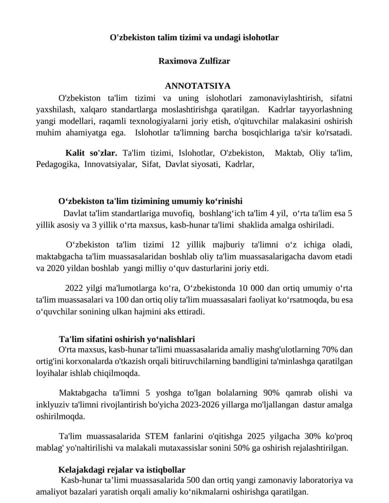 O'zbekiston talim tizimi va undagi islohotlar