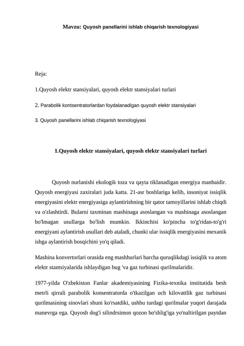 Quyosh panellarini ishlab chiqarish texnologiyasi