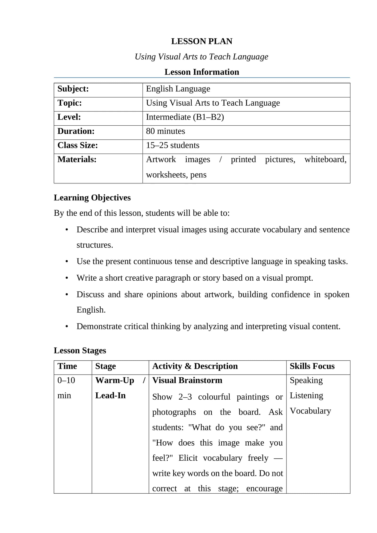 The Lesson plan: using visual arts to teach languagae