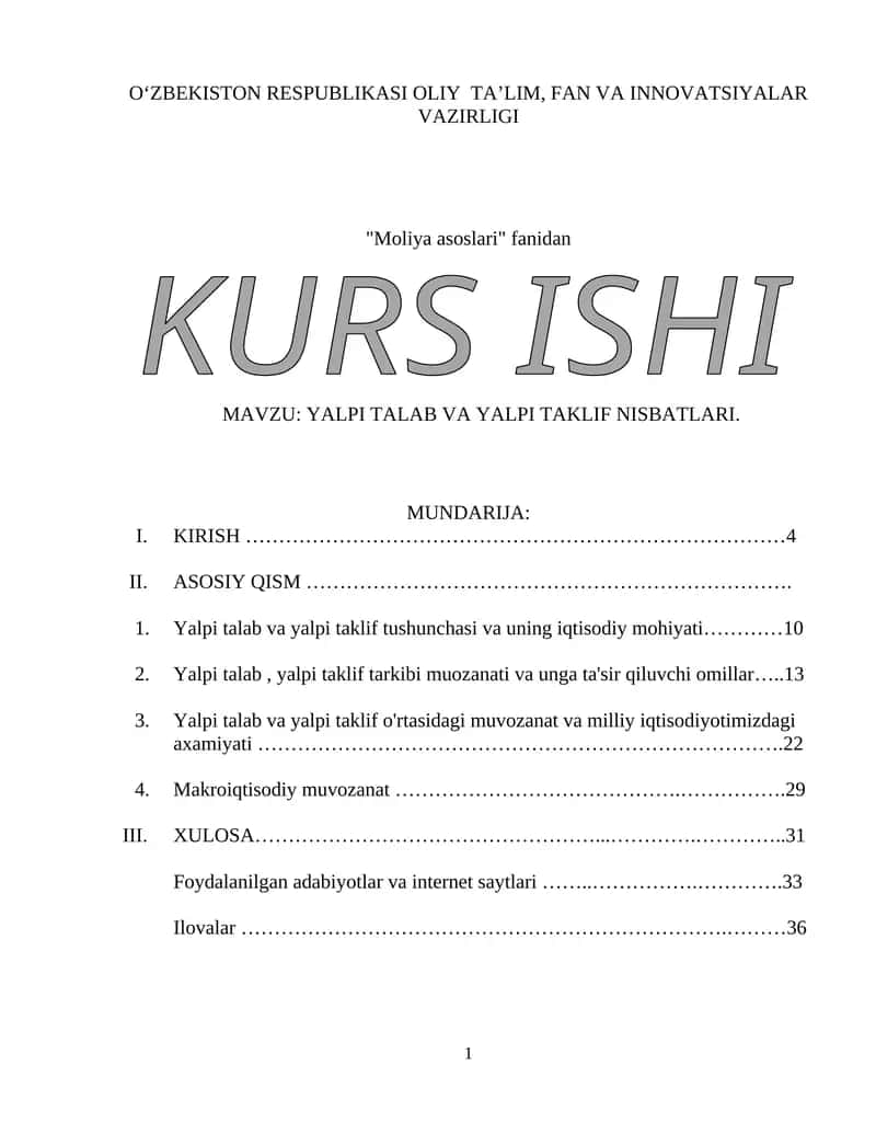 YALPI TALAB VA YALPI TAKLIF NISBATLARI