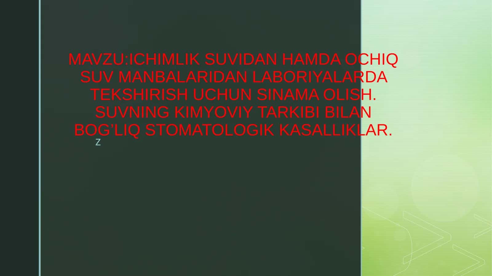 ICHIMLIK SUVIDAN HAMDA OCHIQ SUV MANBALARIDAN LABORIYALARDA TEKSHIRISH UCHUN SINAMA OLISH. SUVNING K