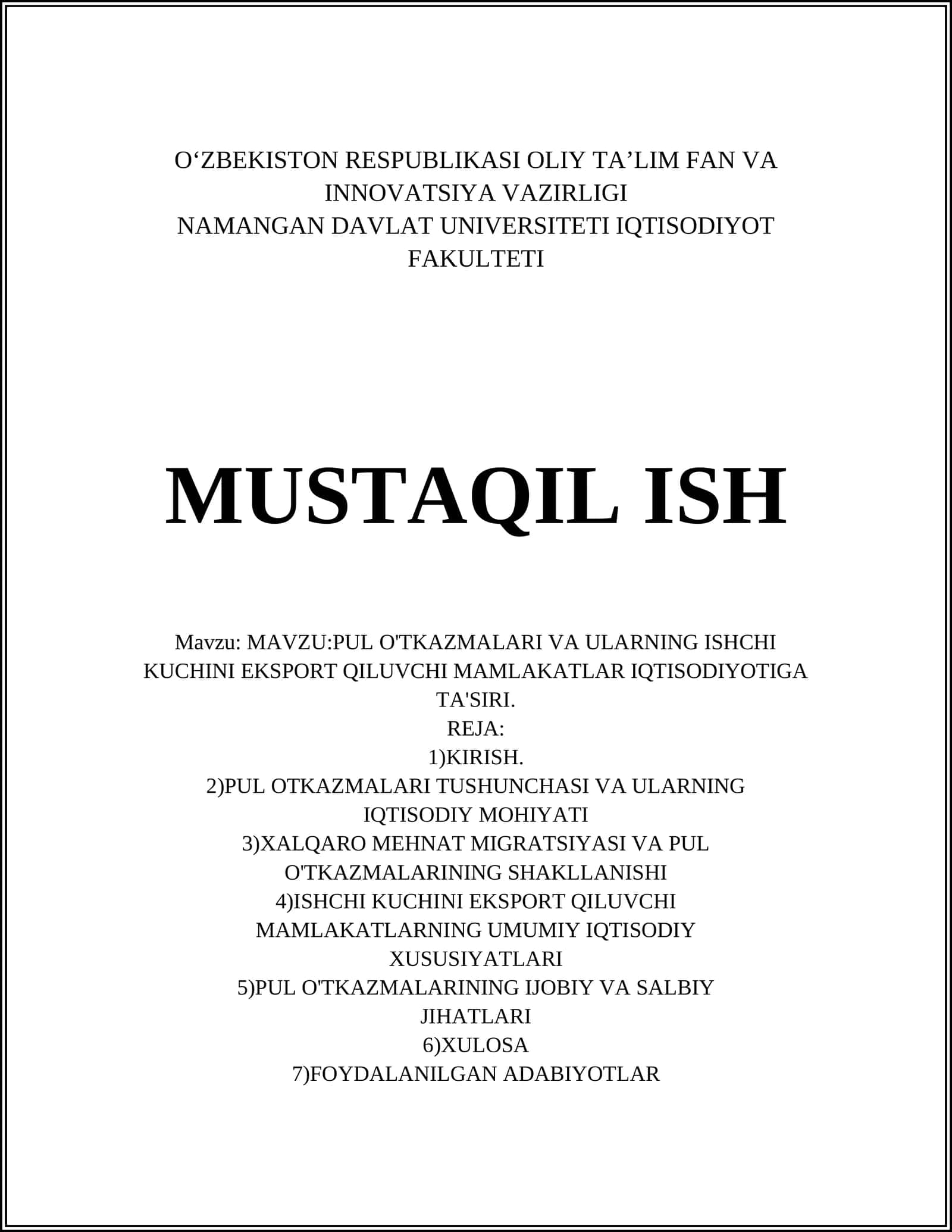 PUL O'TKAZMALARI VA ULARNING ISHCHI KUCHINI EKSPORT QILUVCHI MAMLAKATLAR IQTISODIYOTIGA TA'SIRI