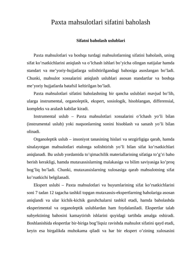 Paxta mahsulotlari sifatini baholash