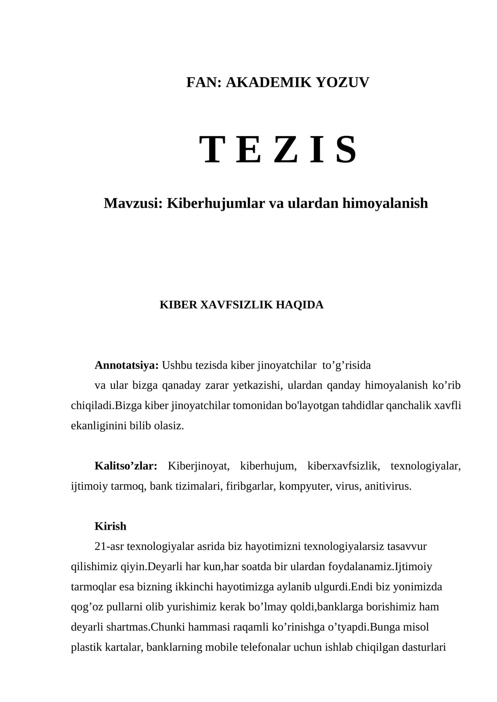 Kiberhujumlar va ulardan himoyalanish