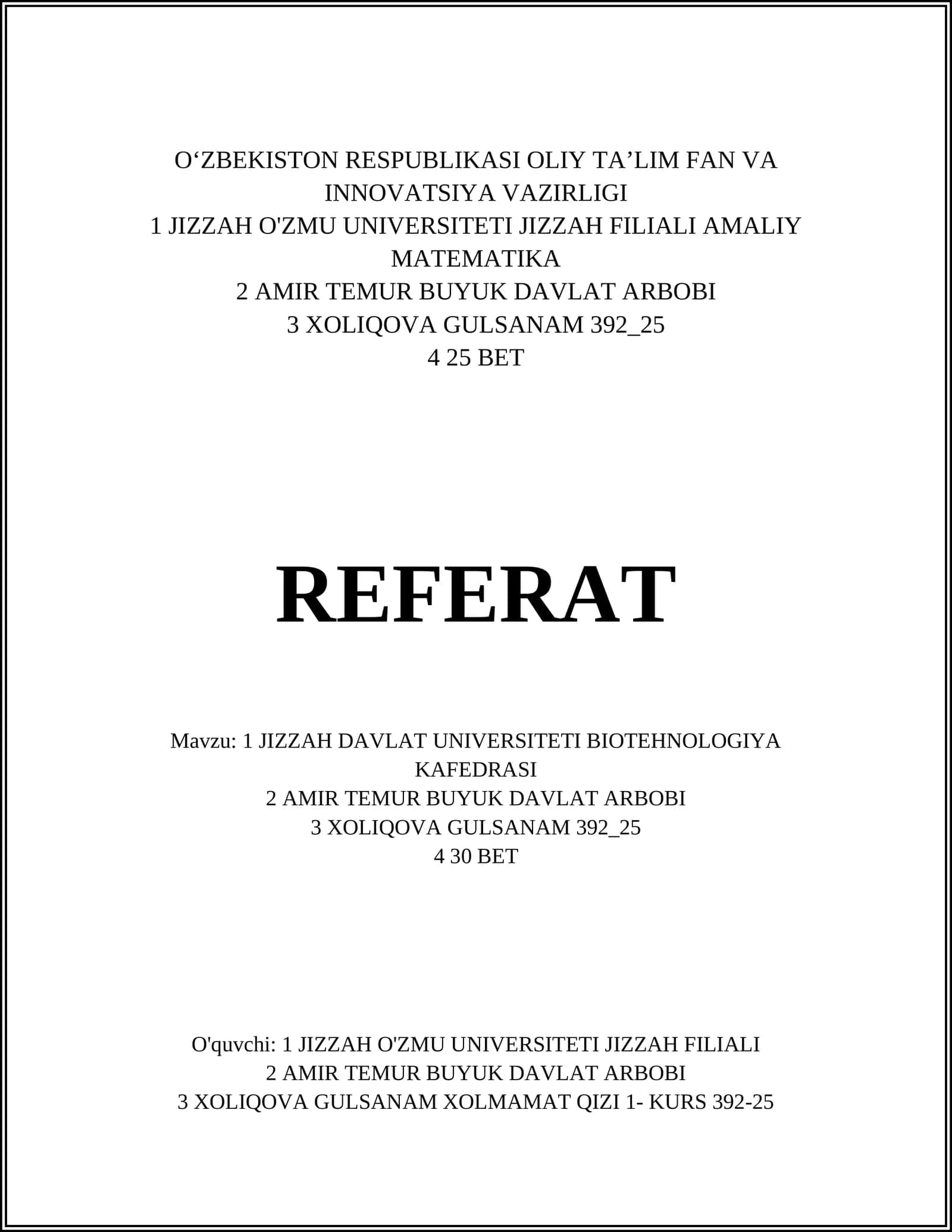 JIZZAH DAVLAT UNIVERSITETI BIOTEHNOLOGIYA KAFEDRASI