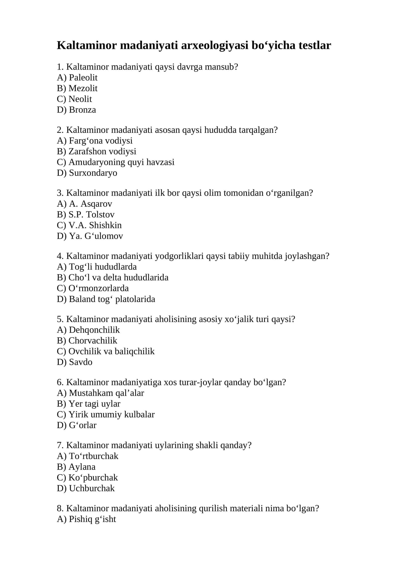 Kaltaminor madaniyati arxeologiyasi bo‘yicha testlar