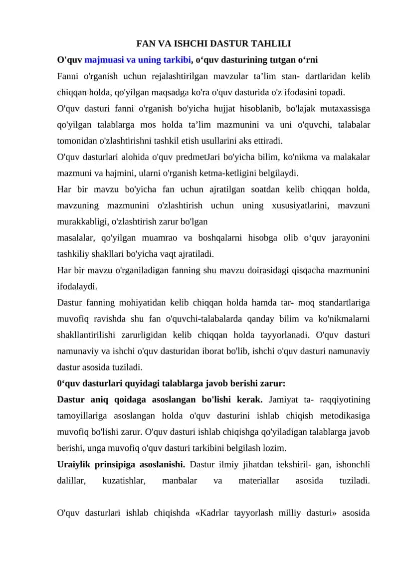 FAN VA ISHCHI DASTUR TAHLILI