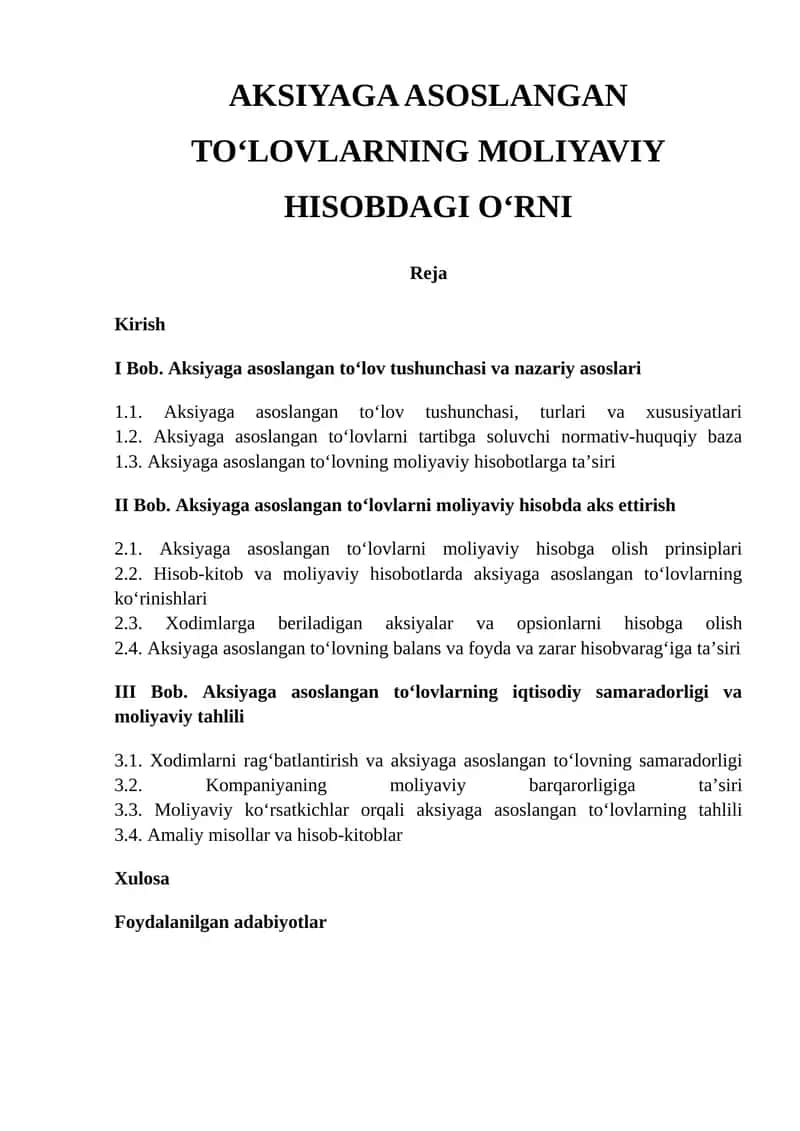 AKSIYAGA ASOSLANGAN TO‘LOVLARNING MOLIYAVIY HISOBDAGI O‘RNI