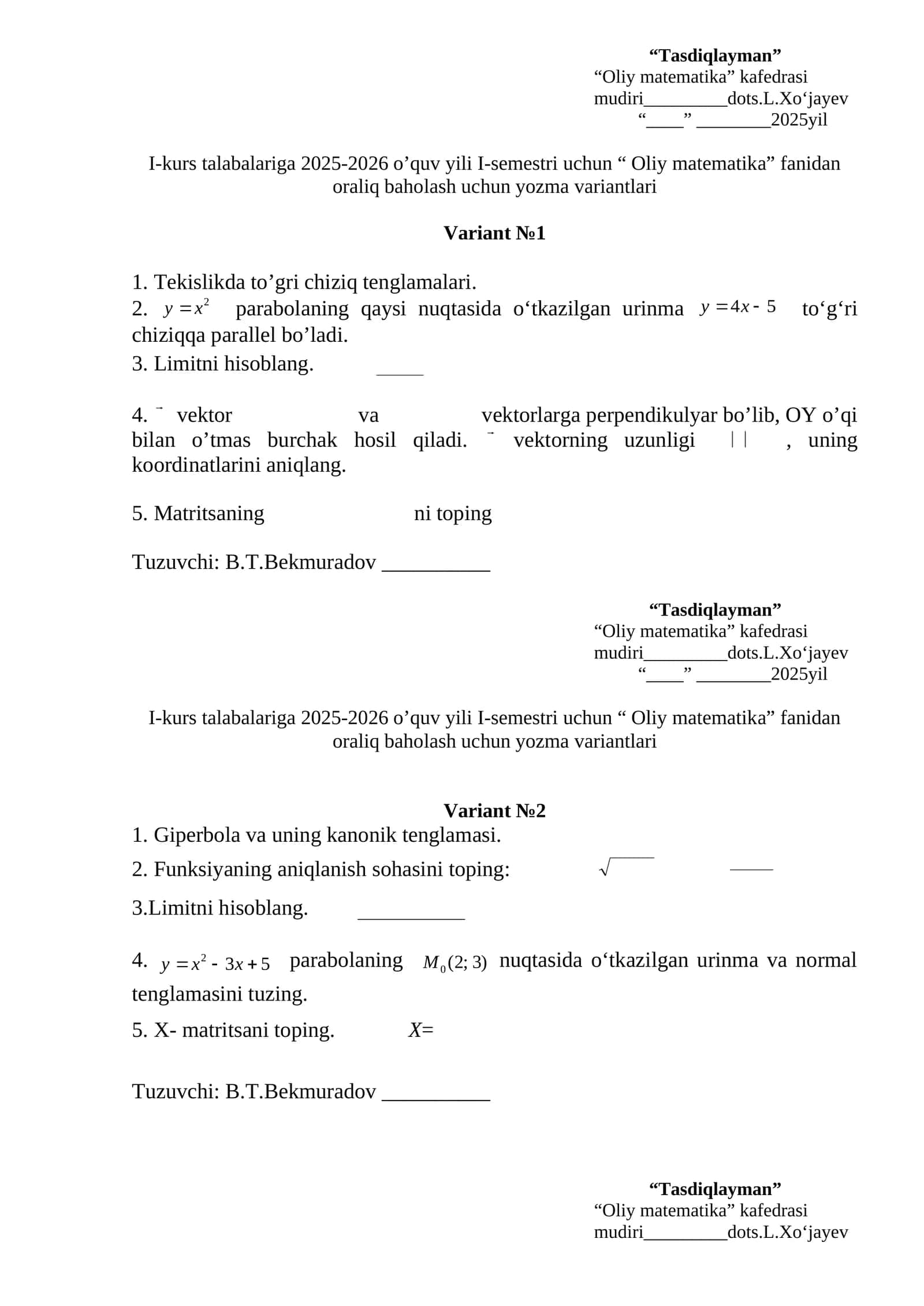 Oliy matematika fanidan oraliq baholash variantlari