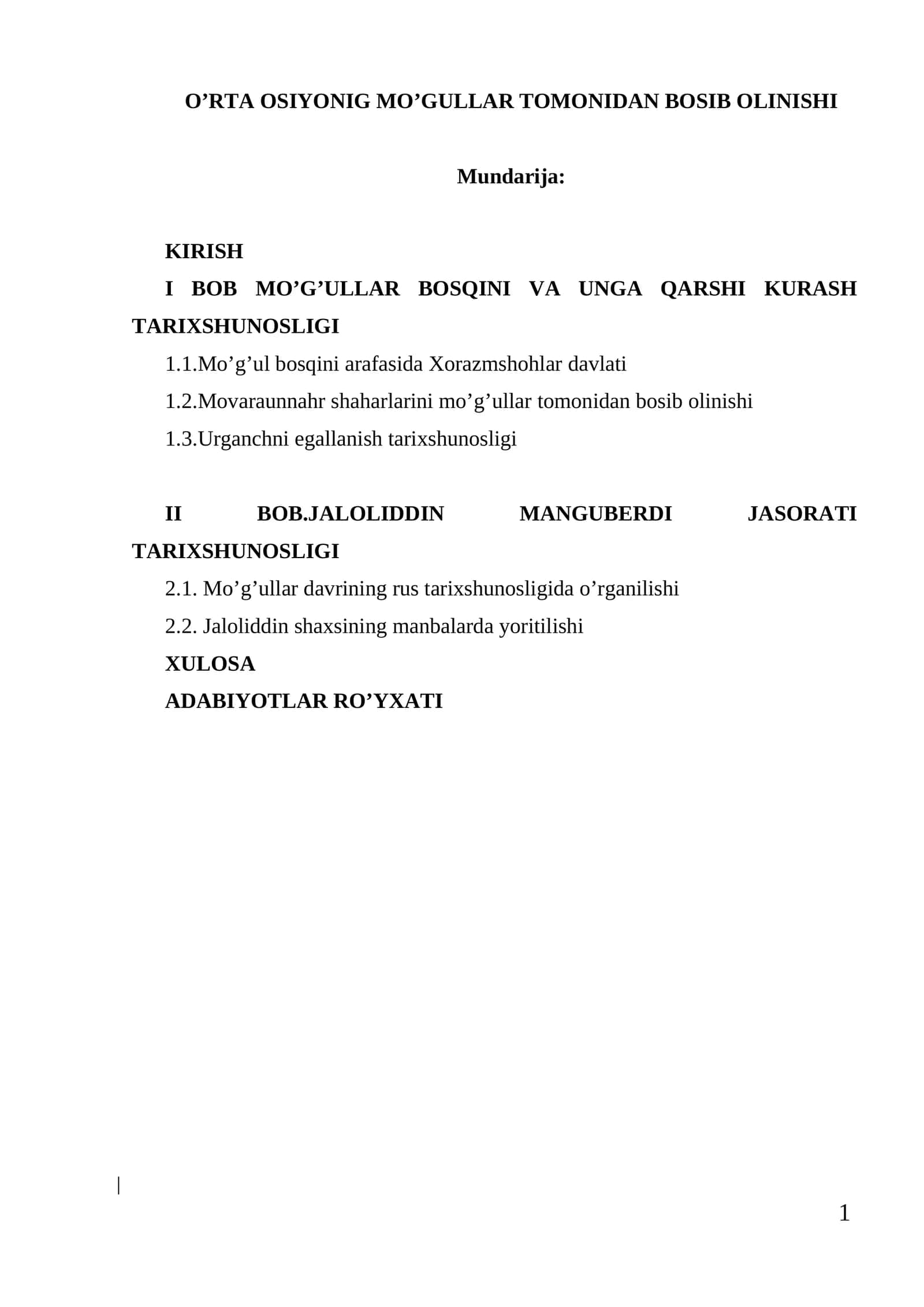 O’RTA OSIYONIG MO’GULLAR TOMONIDAN BOSIB OLINISHI