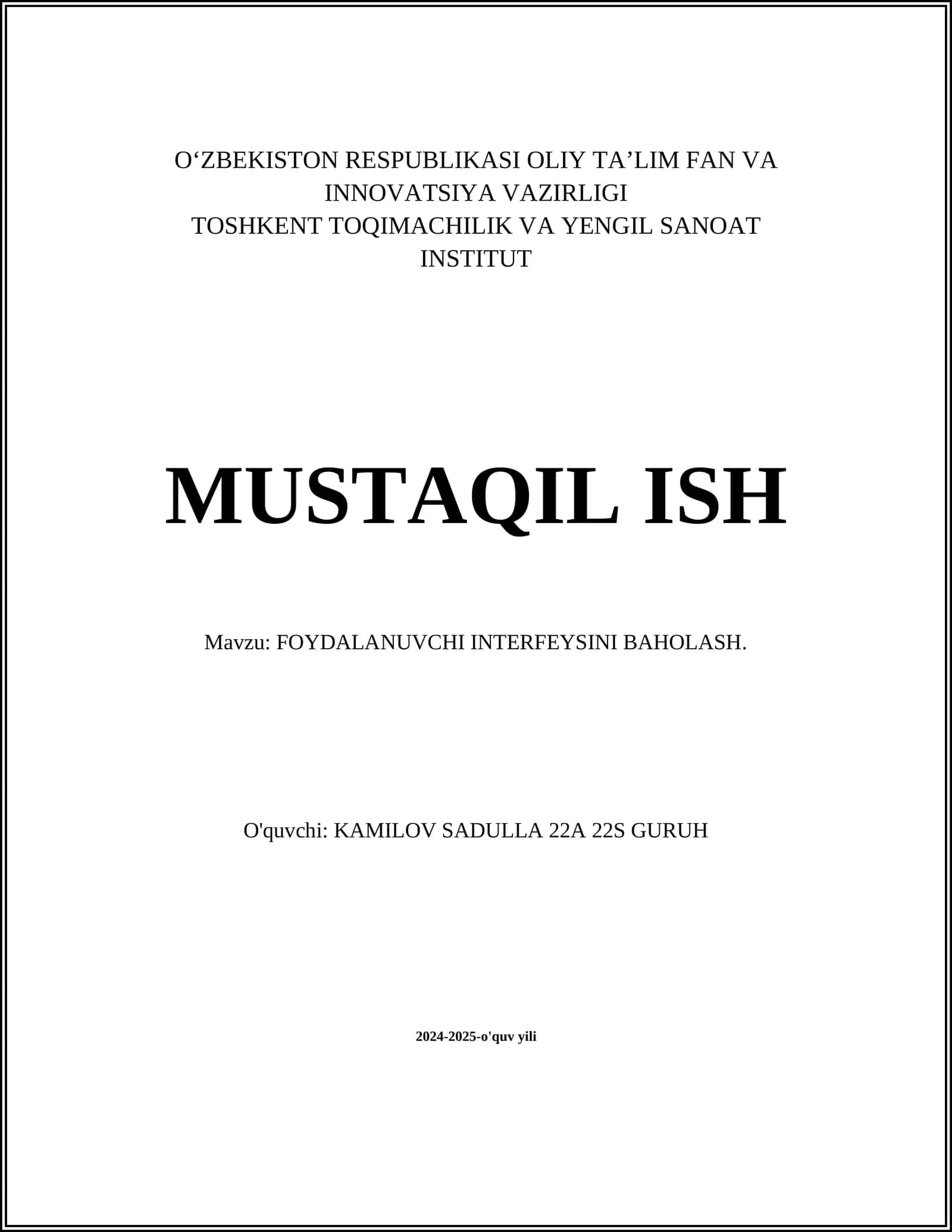 FOYDALANUVCHI INTERFEYSINI BAHOLASH