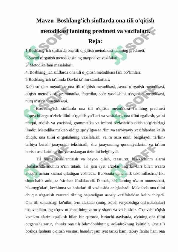 Boshlang’ich sinflarda ona tili o’qitish metodikasi
