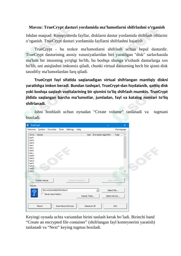 TrueCrypt dasturi yordamida ma’lumotlarni shifrlashni o‘rganish
