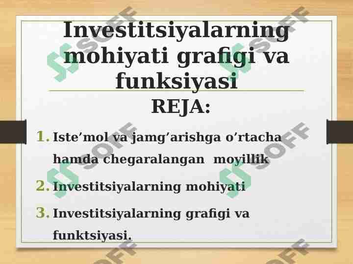 Investitsiyalarning mohiyati grafigi va funksiyasi