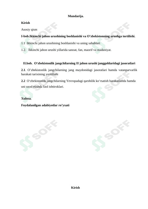 Ikkinchi jahon urushining boshlanishi va O’zbekistonning urushga tortilishi.