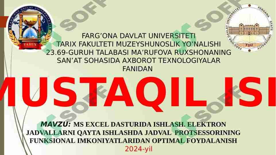 MS EXCEL DASTURI FUNKSIYALARI VA UNDA ISHLASH
