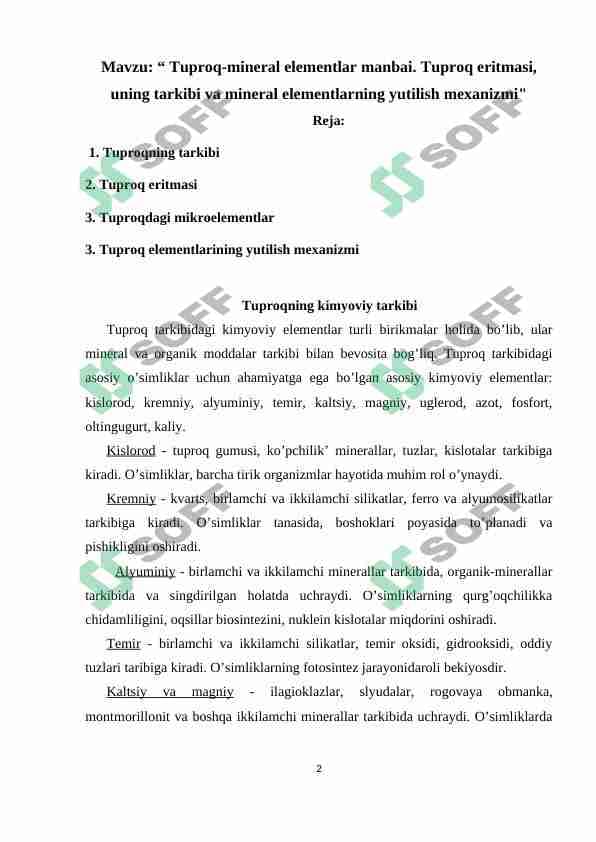 Tuproq-mineral elementlar manbai. Tuproq eritmasi, uning tarkibi va mineral elementlarning yutilish mexanizmi