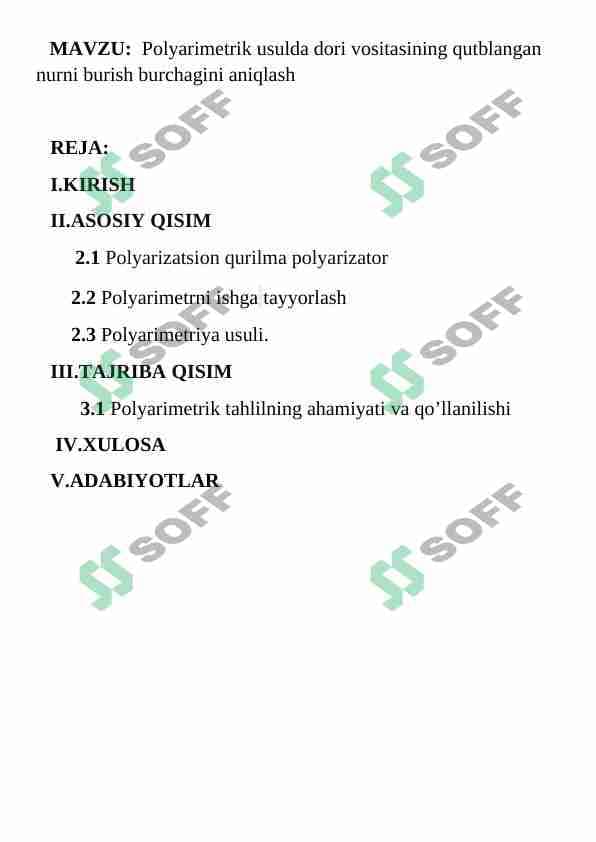 Polyarimetrik usulda dori vositasining qutblangan nurni burish burchagini aniqlash
