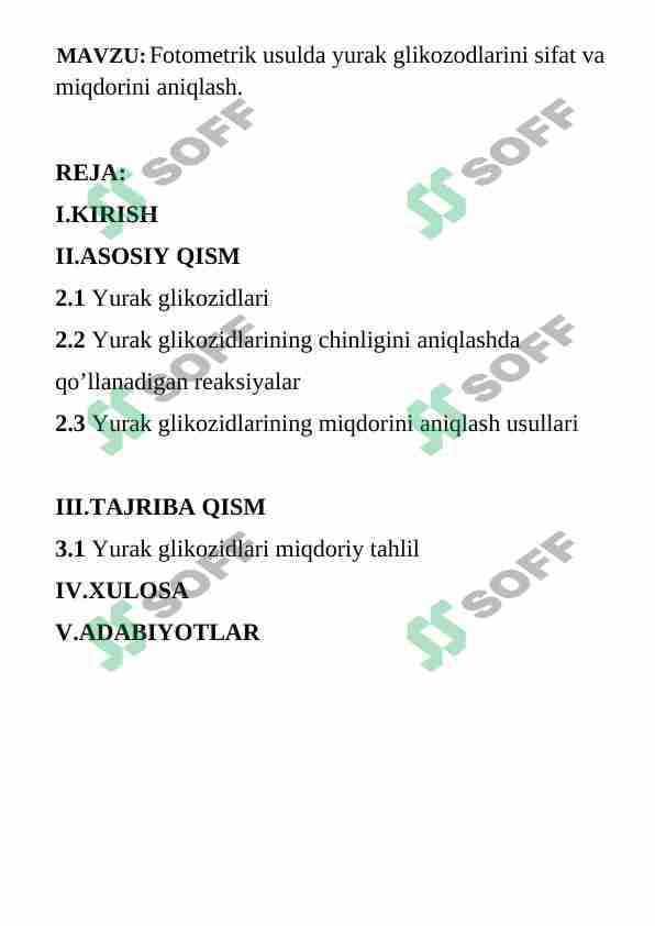 Fotometrik usulda yurak glikozodlarini sifat va miqdorini aniqlash