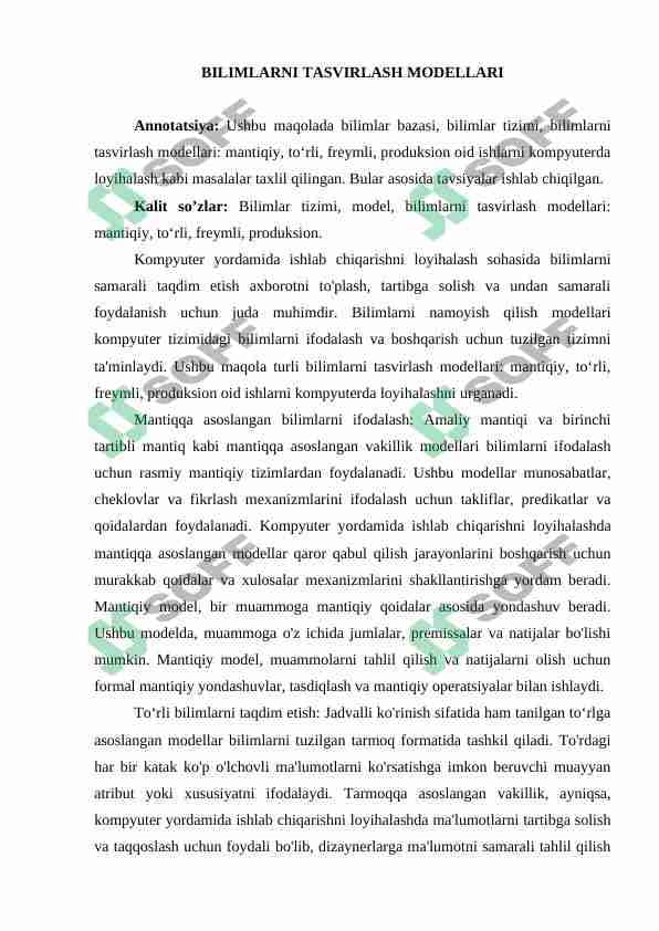 BILIMLARNI TASVIRLASH MODELLARI