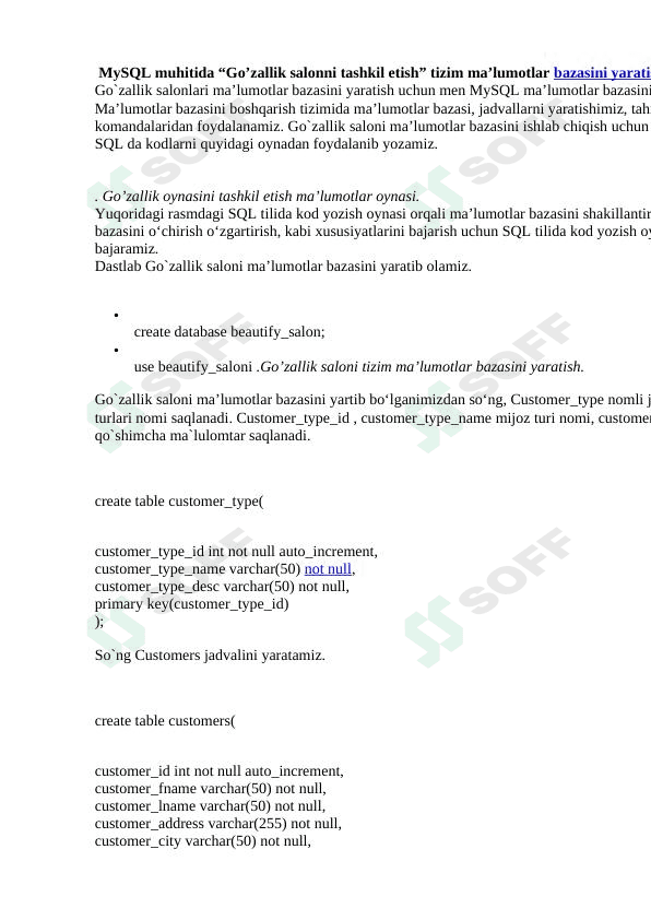 MySQL muhitida “Go’zallik salonni tashkil etish” tizim ma’lumotlar bazasini yaratish
