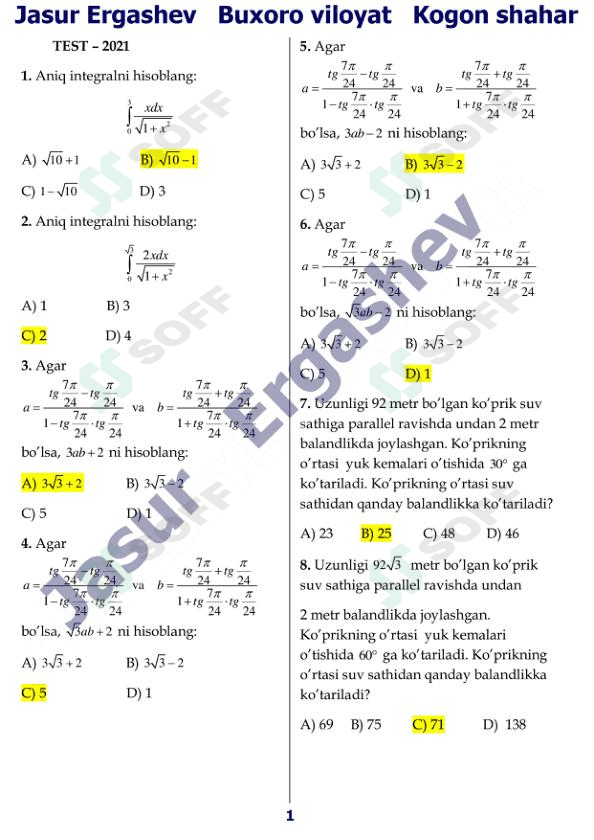2021 DTM 5-avgust test savollari.  Savollar soni 100 ta javoblari bilan