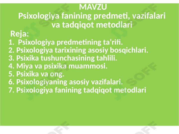 Psiхоlоgiya fanining prеdmеti, vazifalari  va tadqiqоt mеtоdlari