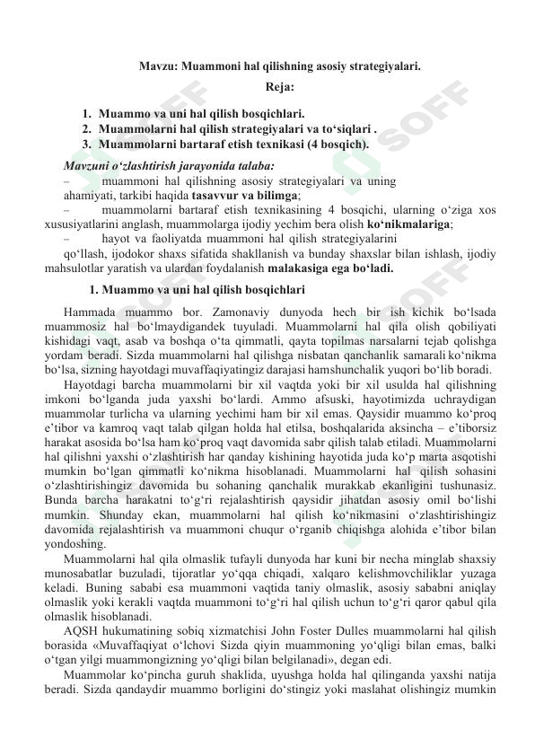 Muammoni hal qilishning asosiy strategiyalari.