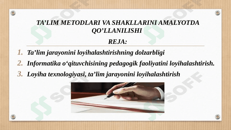TA’LIM METODLARI VA SHAKLLARINI AMALYOTDA QO’LLANILISHI