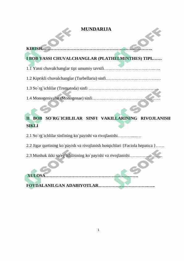 Yassi chuvalchanglarning rivojlanish sikli-parazitlik hayot mahsuli