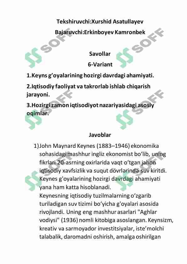 Iqtisodiyot fakulteti uchun savollar javobi bilan