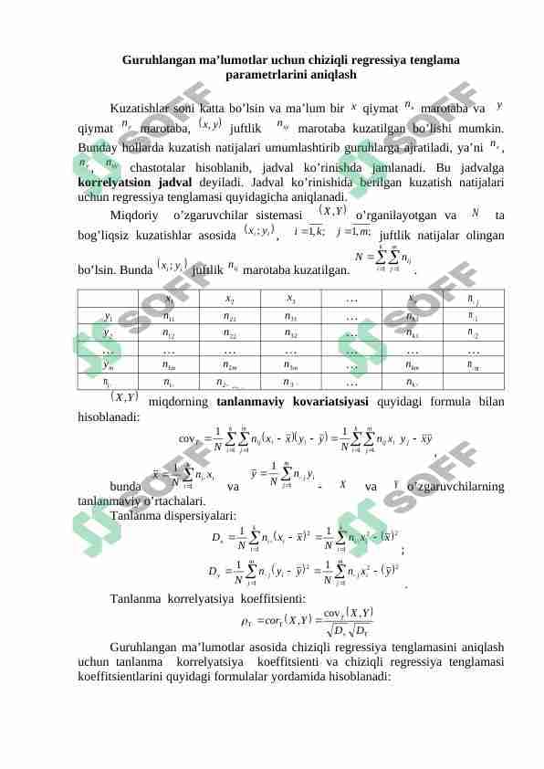 Guruhlangan ma’lumotlar uchun chiziqli regressiya tenglama  parametrlarini aniqlash