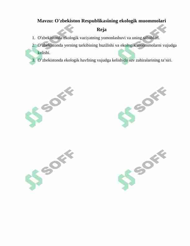 O'zbekiston Respublikasining ekologik muommolari