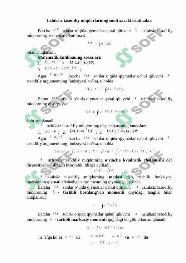 Uzluksiz tasodifiy miqdorlarning sonli xarakteriatikalari