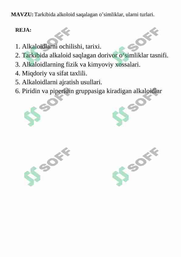 Tarkibida alkoloid saqalagan o’simliklar, ularni turlari