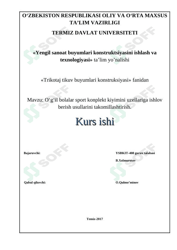 O'g'il bolalar sport kiyimini konstruktsiyasini ishlab chiqish
