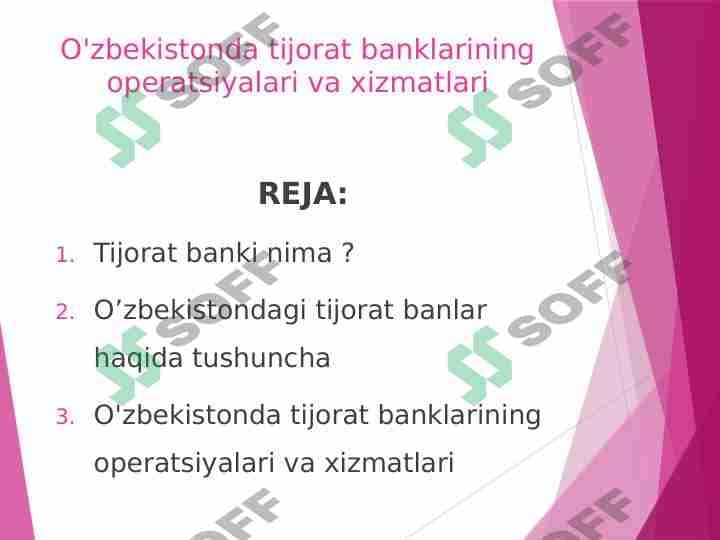 O'zbekistonda tijorat banklarining operatsiyalari va xizmatlari