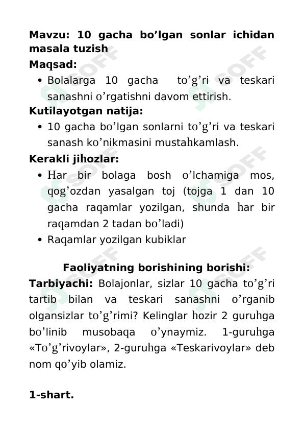 Mashg'ulot ishlanma: 10gacha bo'lgan sonlar ichidan masala tuzish