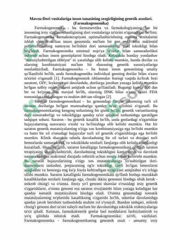 Dori vositalariga inson tanasining sezgirligining genetik asoslari.(Farmakogenomika)