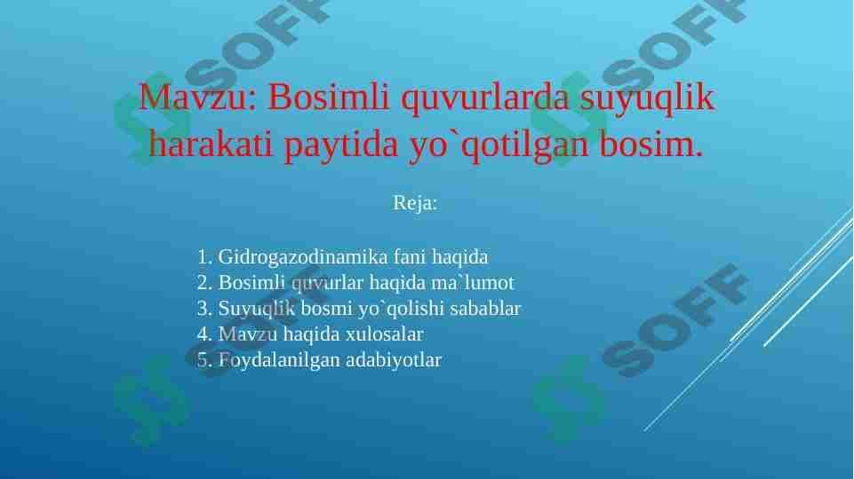 Bosimli quvurlar. Bosimli quvurlarda suyuqlik harakati paytida yo`qotilgan bosim