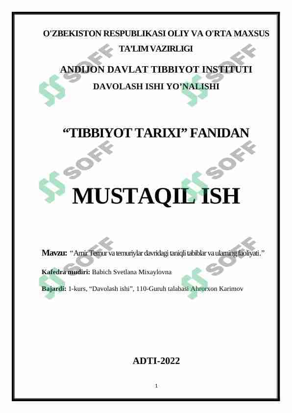 Amir Temur va temuriylar davridagi taniqli tabiblar va ularning faoliyati