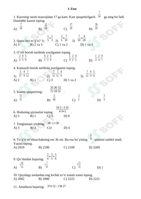 Matematika fanidan testlar