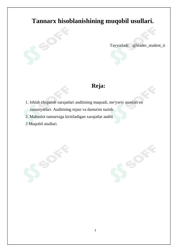 Tannarx hisoblanishining muqobil usullari