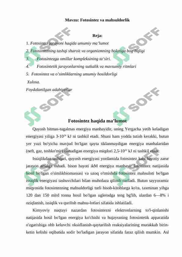 Fotosintez va mahsuldorlik