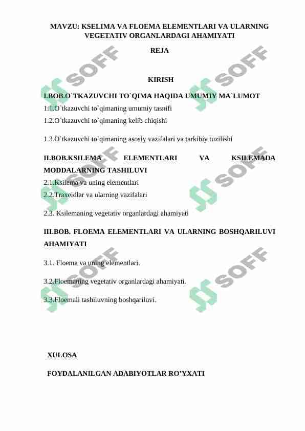 KSELIMA VA FLOEMA ELEMENTLARI VA ULARNING VEGETATIV ORGANLARDAGI AHAMIYATI