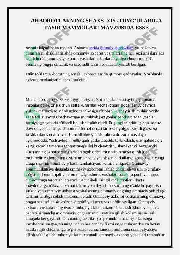 AHBOROTLARNING SHAXS  XIS -TUYG’ULARIGA TASIR MAMMOLARI MAVZUSIDA ESSE