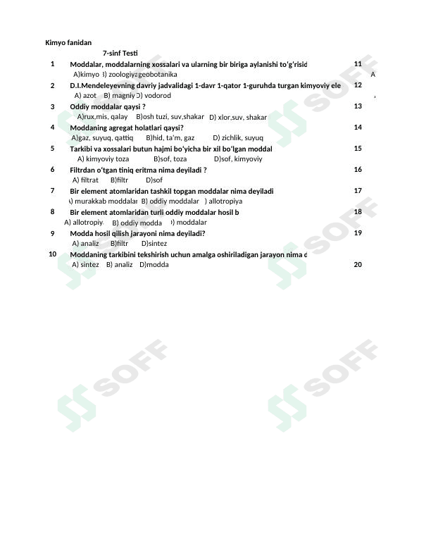 Maktab darsligi 7 - sinf Kimyo fani uchun moʻljallangan test savol - javoblari bilan